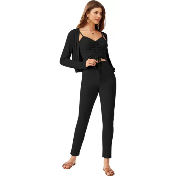 Fancyra Women Solid Black Western Dress Ruched Crop Top with Cardigan and Pants - Image 3