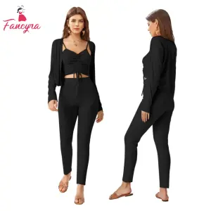 Fancyra Women Solid Black Western Dress Ruched Crop Top with Cardigan and Pants