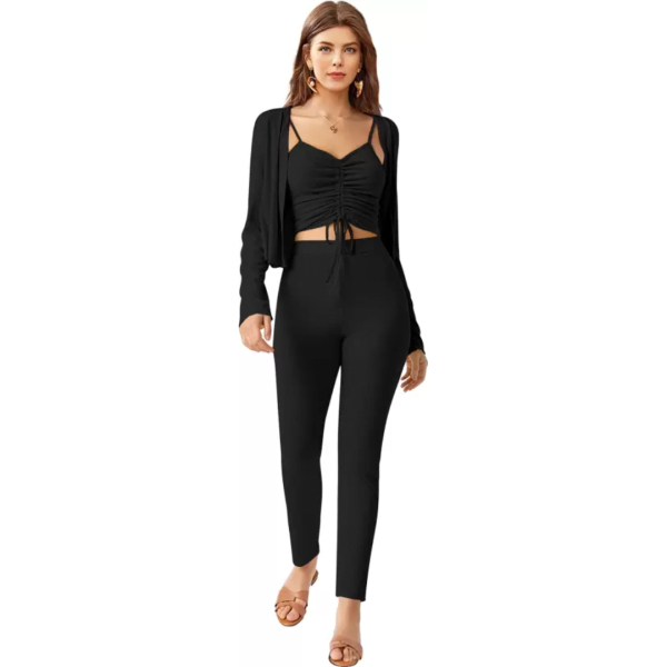 Fancyra Women Solid Black Western Dress Ruched Crop Top with Cardigan and Pants - Image 5