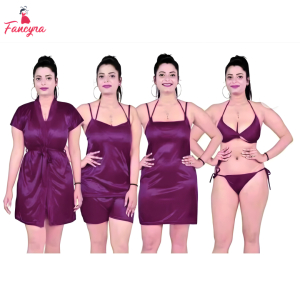 Fancyra Women Solid Satin Above Knee Length Pack of 4 Nightwear Nighty Set