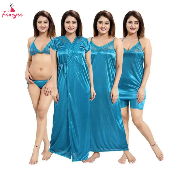 Fancyra Women Solid Satin Nighty Gown Set Of 4 Night dress Night Wear Sleepwear - Image 2