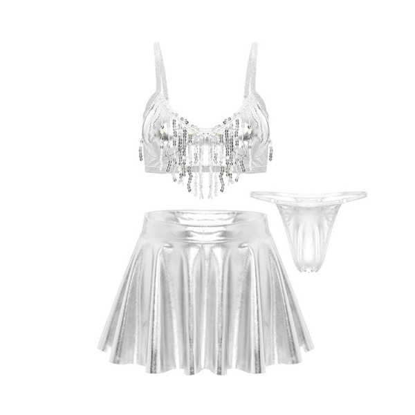 Fancyra Women Solid Silver Two Piece Skirt with Bra Top Set - Image 4