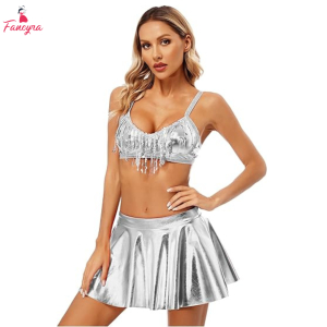 Fancyra Women Solid Silver Two Piece Skirt with Bra Top Set