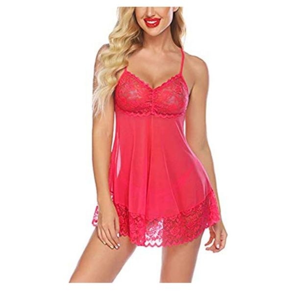 Fancyra Women Spandex Lace Floral Above Knee Nightwear Baby Doll With G String Panty Free Size - Image 2