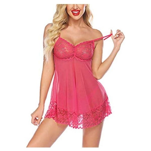 Fancyra Women Spandex Lace Floral Above Knee Nightwear Baby Doll With G String Panty Free Size - Image 3