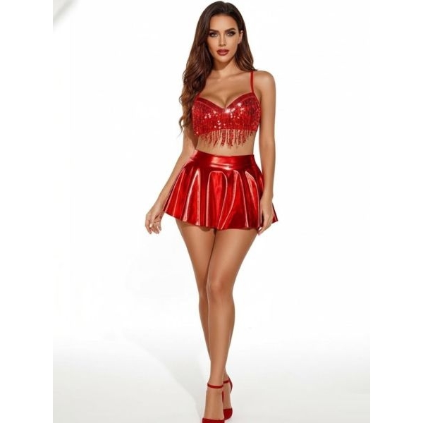 Fancyra Women Sparkle Metallic Cosplay Lingerie Top & Skirt Set - Image 2