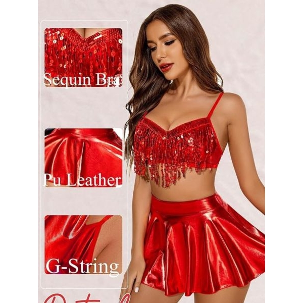 Fancyra Women Sparkle Metallic Cosplay Lingerie Top & Skirt Set - Image 3