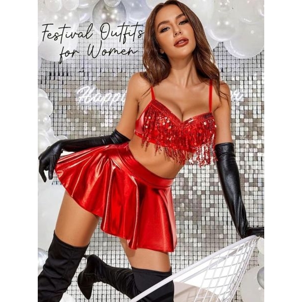 Fancyra Women Sparkle Metallic Cosplay Lingerie Top & Skirt Set - Image 5