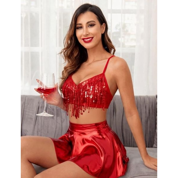 Fancyra Women Sparkle Metallic Costume Top & Skirt Lingerie Set - Image 2