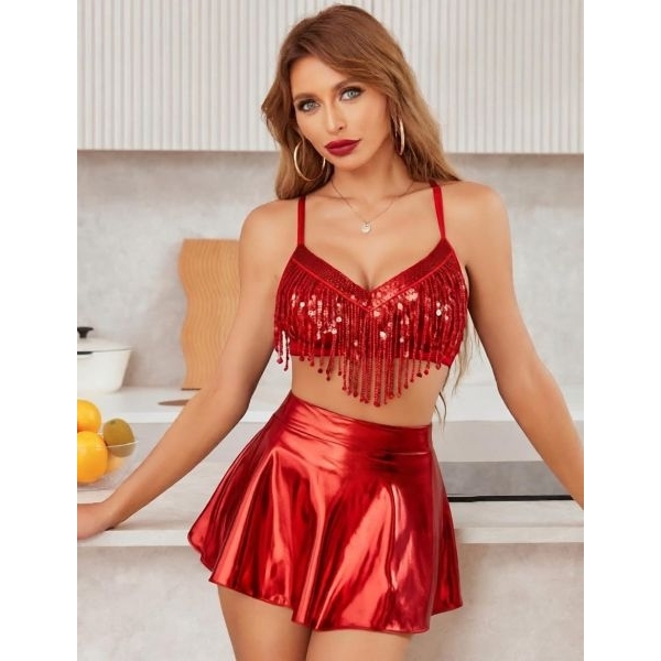Fancyra Women Sparkle Metallic Costume Top & Skirt Lingerie Set - Image 3