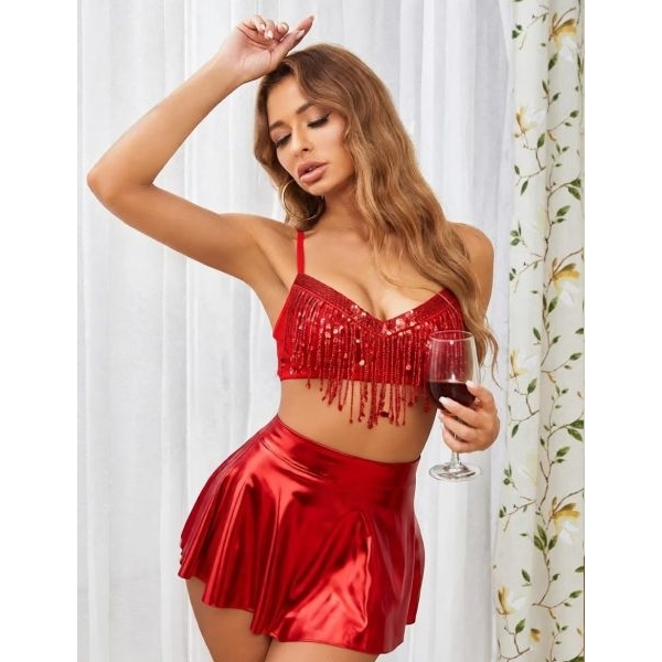Fancyra Women Sparkle Metallic Costume Top & Skirt Lingerie Set - Image 4