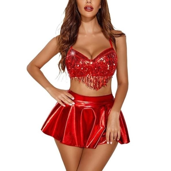 Fancyra Women Sparkle Metallic Costume Top & Skirt Lingerie Set - Image 5