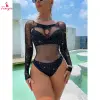 Fancyra Women Sparkling Black Mesh Beach Cover-Up with Long Sleeves and Rhinestone Embellishments