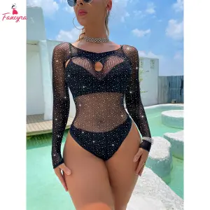 Fancyra Women Sparkling Black Mesh Beach Cover-Up with Long Sleeves and Rhinestone Embellishments