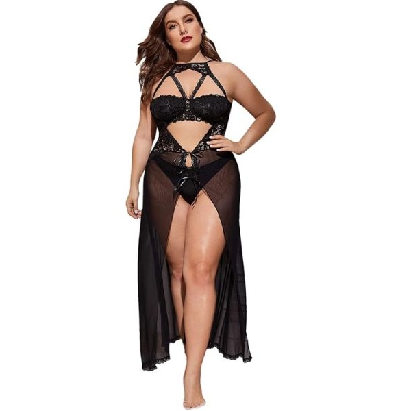 Fancyra Women Split Long Mesh Lingerie Dress Babydoll Chemise Sleepwear For Women - Image 2