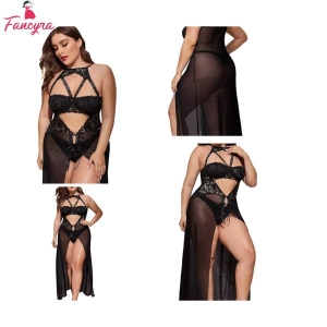 Fancyra Women Split Long Mesh Lingerie Dress Babydoll Chemise Sleepwear For Women