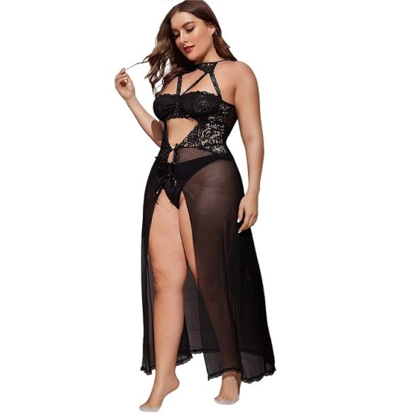 Fancyra Women Split Long Mesh Lingerie Dress Babydoll Chemise Sleepwear Side Slits - Image 5