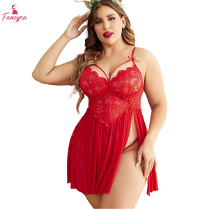 Fancyra Women Strap Chemise V Neck Nighty Mesh Side Slit Babydoll Nightdress Lingerie