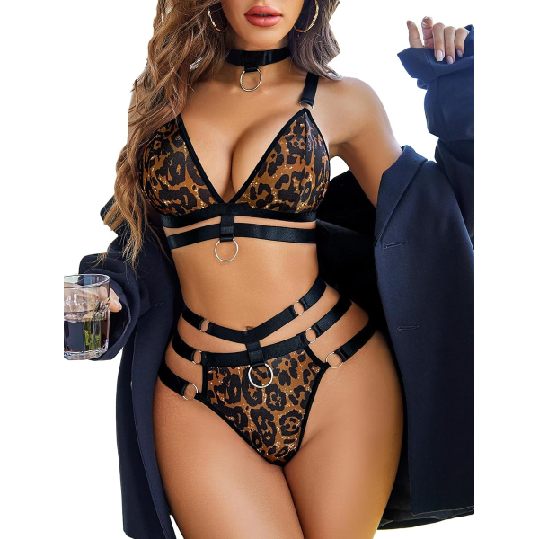 Fancyra Women Strappy Design Leopard Print Lingerie Nightwear Set - Image 3