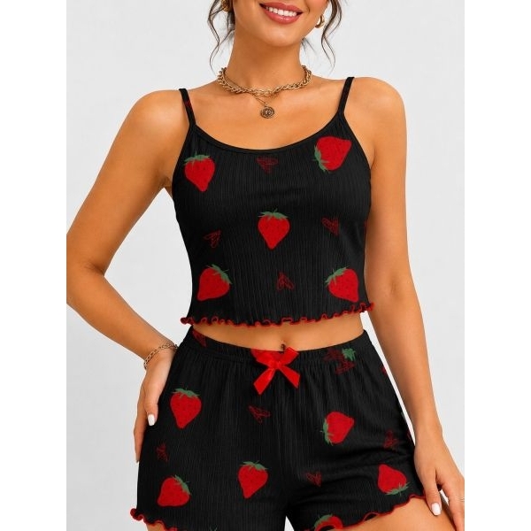 Fancyra Women Strawberry Print 2-Piece Pajama Set, Crop Cami Top with Shorts - Image 3