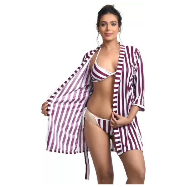 Fancyra Women Stripe Satin Nightwear Robe Nightdress with Bra Panty Lingerie Bikini Set Free Size - Image 2