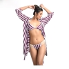 Fancyra Women Stripe Satin Nightwear Robe Nightdress with Bra Panty Lingerie Bikini Set Free Size