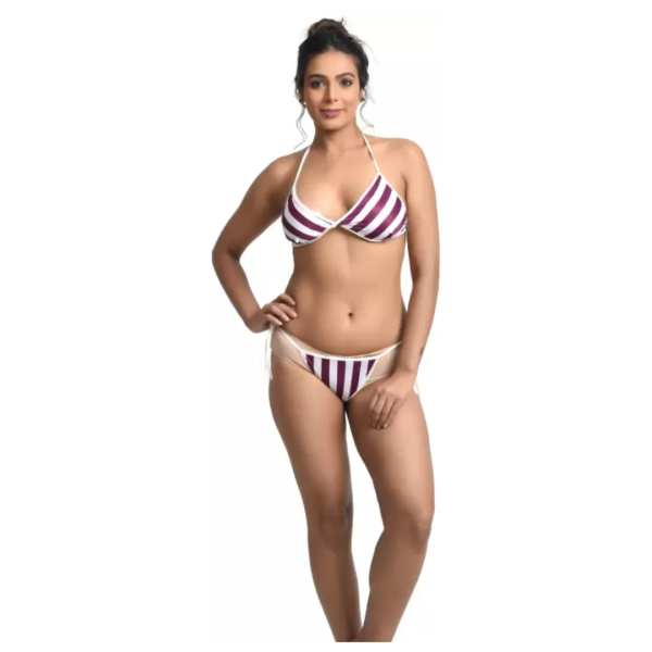 Fancyra Women Stripe Satin Nightwear Robe Nightdress with Bra Panty Lingerie Bikini Set Free Size - Image 3