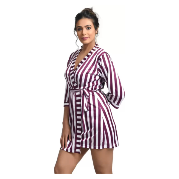 Fancyra Women Stripe Satin Nightwear Robe Nightdress with Bra Panty Lingerie Bikini Set Free Size - Image 4