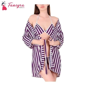 Fancyra Women Stripe Satin Nightwear Robe Nightdress With Bra Panty Satin Lingerie Set Free Size Purple White Color