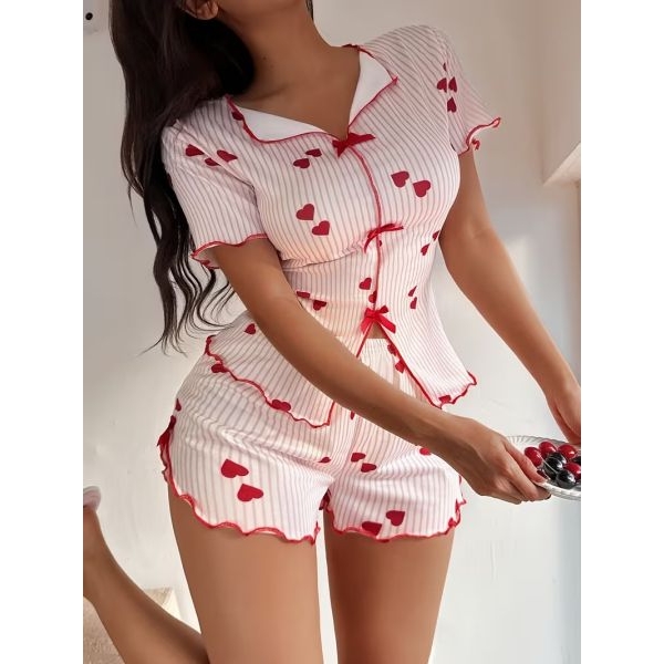 Fancyra Women Striped and Love Print Short Sleeve Cami Top and Shorts Pajama Set - Image 2
