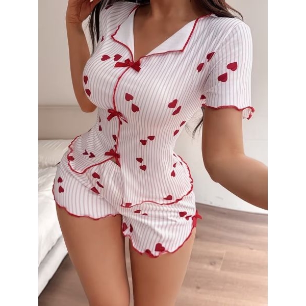 Fancyra Women Striped and Love Print Short Sleeve Cami Top and Shorts Pajama Set - Image 5