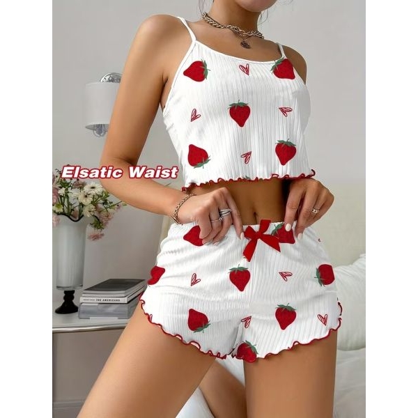 Fancyra Women Striped and Strawberry Print Sleeveless Cami Top and Shorts Pajama Set - Image 3