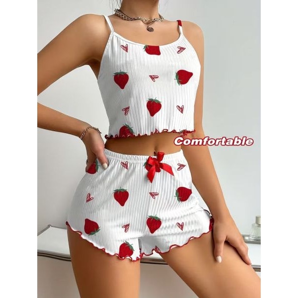 Fancyra Women Striped and Strawberry Print Sleeveless Cami Top and Shorts Pajama Set - Image 4