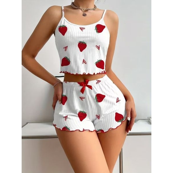 Fancyra Women Striped and Strawberry Print Sleeveless Cami Top and Shorts Pajama Set - Image 5