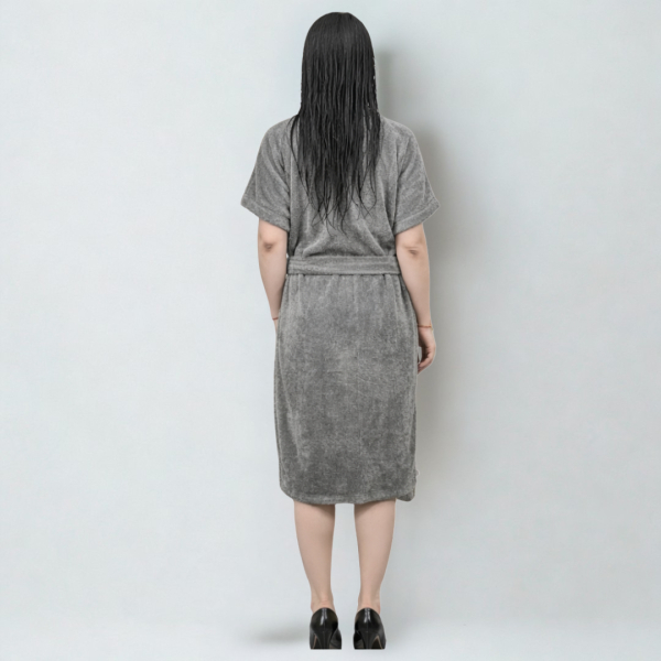Fancyra Women Stylish Grey Solid Terrycloth Drawstring Midi Bath Robe - Image 3