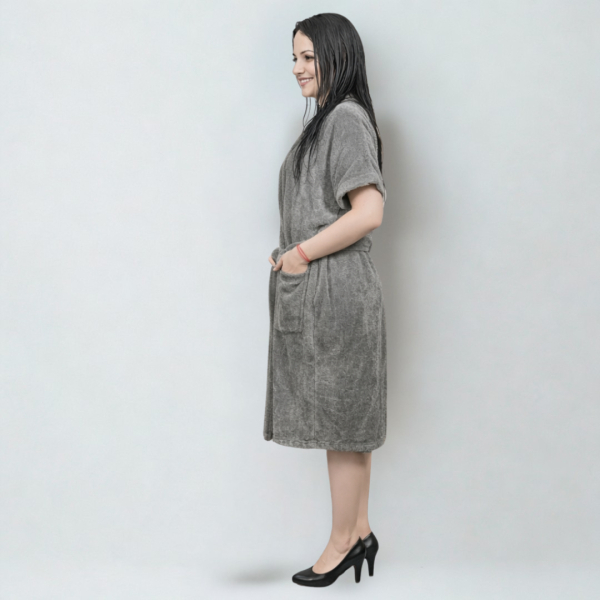 Fancyra Women Stylish Grey Solid Terrycloth Drawstring Midi Bath Robe - Image 4
