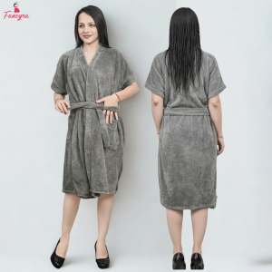 Fancyra Women Stylish Grey Solid Terrycloth Drawstring Midi Bath Robe