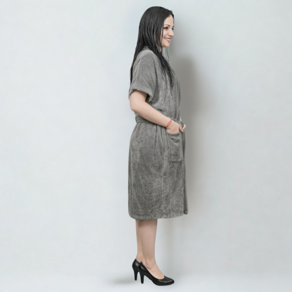 Fancyra Women Stylish Grey Solid Terrycloth Drawstring Midi Bath Robe - Image 5