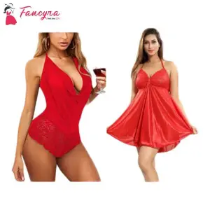 Fancyra Women Stylish Nightwear Babydoll Nighty Lingerie Free Size Red Color Combo Of Two
