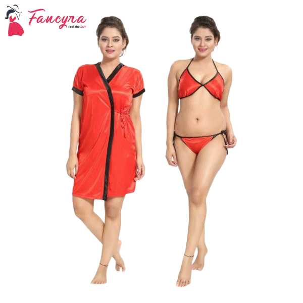 Fancyra Women Stylish Nightwear Set With Robe And Bikini Bra Panty Sleepwear Free Size Red Color