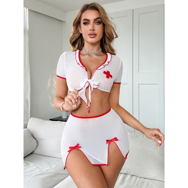 Fancyra Women Stylish Nurse Theme Lingerie Set with Crop Top and Mini Skirt - Image 4