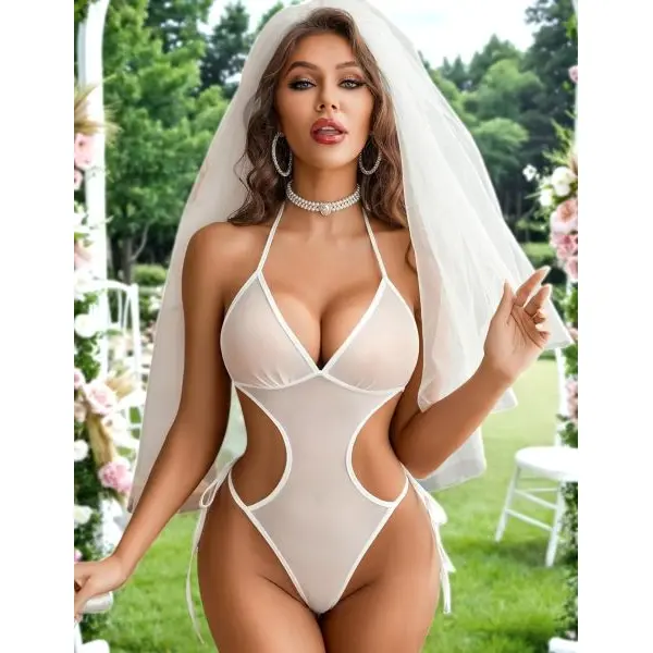 Fancyra Women Stylish Sheer Mesh Cutout Teddy Bodysuit with Halter Neck White - Image 3