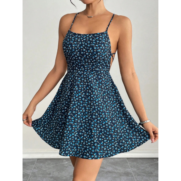 Fancyra Women Summer New Style Full Floral Print Open Back Casual Mini Dress - Image 3