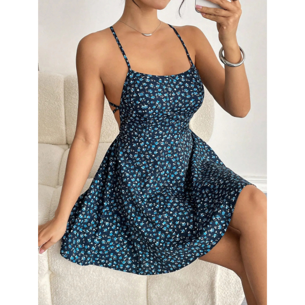 Fancyra Women Summer New Style Full Floral Print Open Back Casual Mini Dress - Image 5