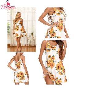 Fancyra Women Sunflower Printed Babydoll Nightwear Dress with Thong
