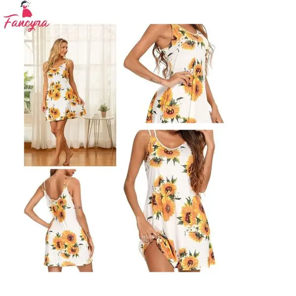 Fancyra Women Sunflower Printed Babydoll Nightwear Dress with Thong