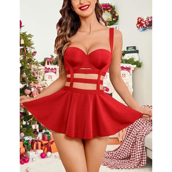 Fancyra Women Suspender Skater Babydoll Bodysuit Lingerie Mini Skirt Swimwear - Image 5