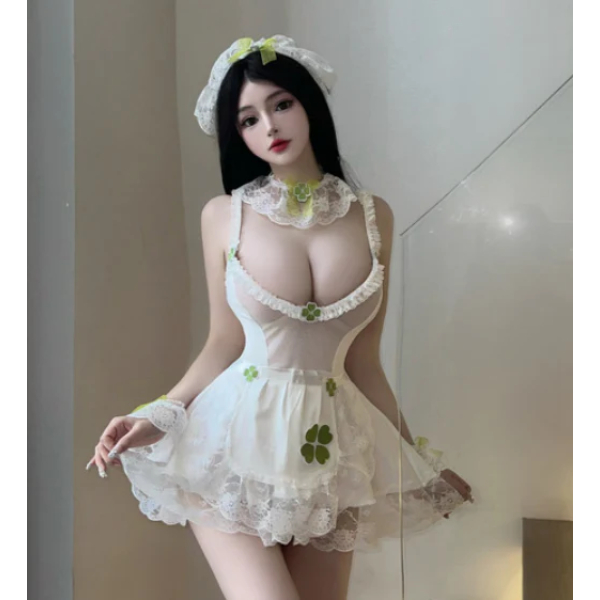 Fancyra Women Sweet Maid Set Hot Strappy Dress Four-Leaf Clover Princess Style Lingerie - Image 3