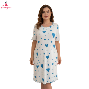 Fancyra Women Sweetheart Print Soft Ribbed Texture Night Dress Nighty