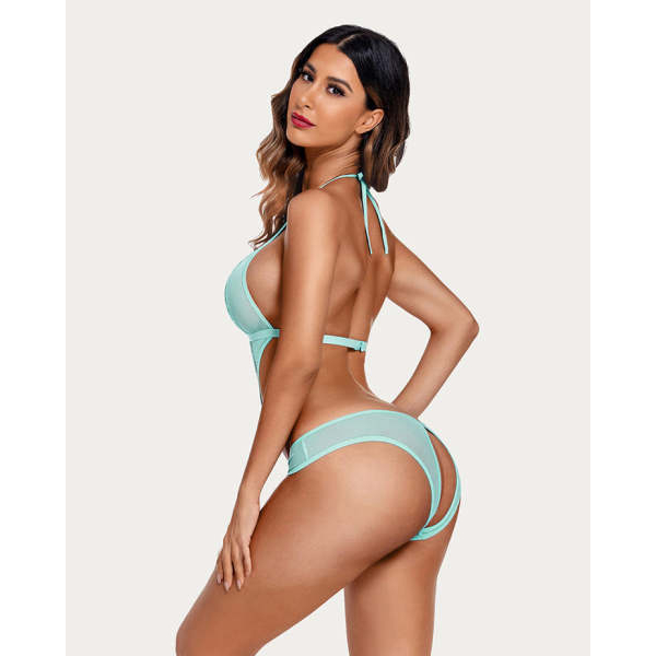 Fancyra Women Teddy Lingerie Deep V Halter One Piece Babydoll Mini Lace Bodysuit - Image 2